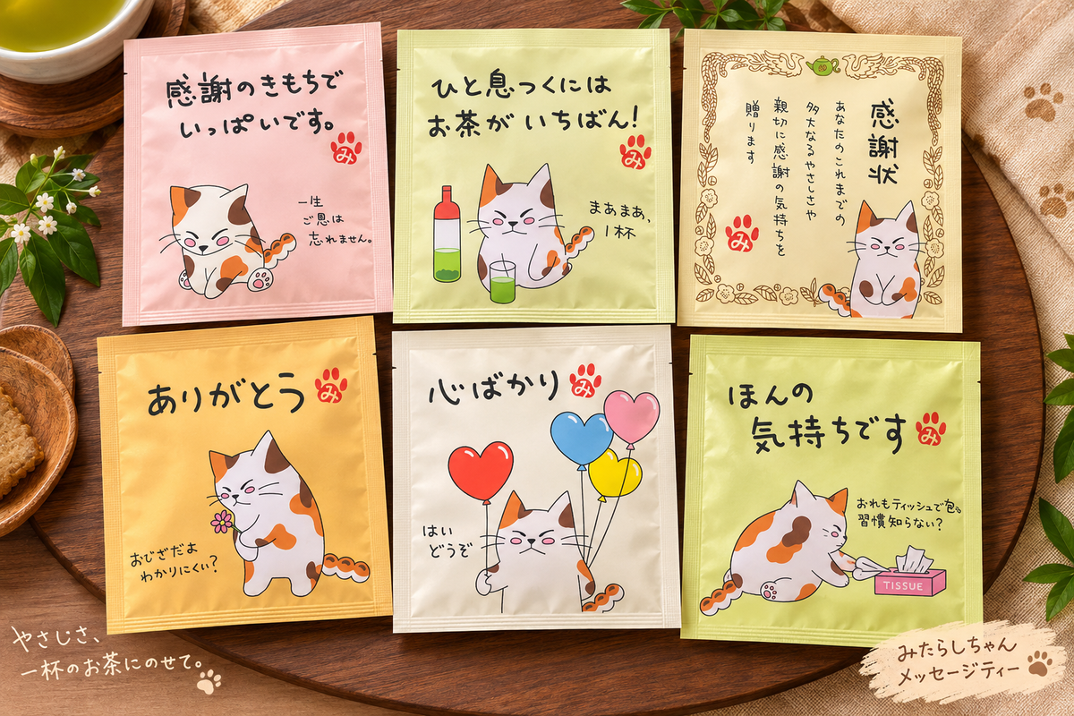 ぐり茶 絵手紙 6種セット｜かわいい猫〝みたらしちゃん〟のお茶・プチギフト